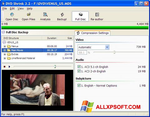 ภาพหน้าจอ DVD Shrink สำหรับ Windows XP