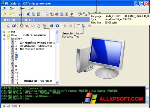 ภาพหน้าจอ PE Explorer สำหรับ Windows XP