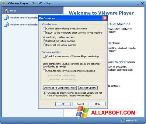 ภาพหน้าจอ VMware Player สำหรับ Windows XP