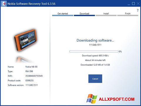 ภาพหน้าจอ Nokia Software Recovery Tool สำหรับ Windows XP