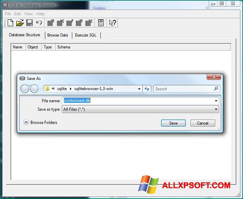 ภาพหน้าจอ SQLite Database Browser สำหรับ Windows XP