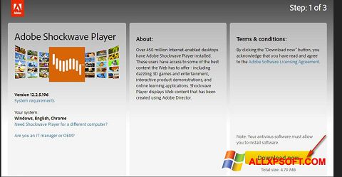ภาพหน้าจอ Adobe Shockwave Player สำหรับ Windows XP