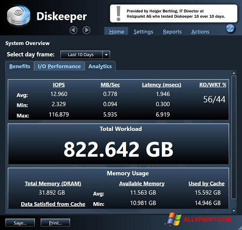 ภาพหน้าจอ Diskeeper สำหรับ Windows XP