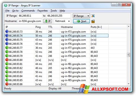 ภาพหน้าจอ Angry IP Scanner สำหรับ Windows XP