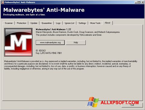 ภาพหน้าจอ Malwarebytes Anti-Malware Free สำหรับ Windows XP