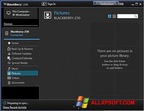 ภาพหน้าจอ BlackBerry Link สำหรับ Windows XP