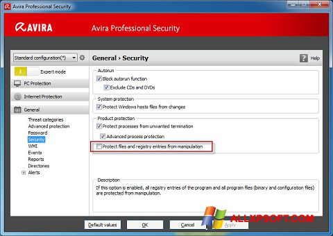ภาพหน้าจอ Avira Professional Security สำหรับ Windows XP