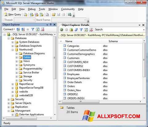 ภาพหน้าจอ Microsoft SQL Server สำหรับ Windows XP