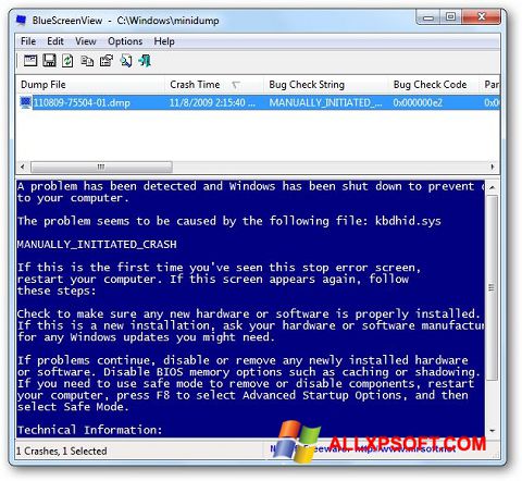 ภาพหน้าจอ BlueScreenView สำหรับ Windows XP