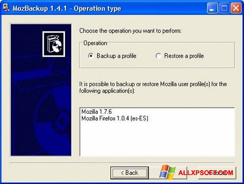 ภาพหน้าจอ MozBackup สำหรับ Windows XP