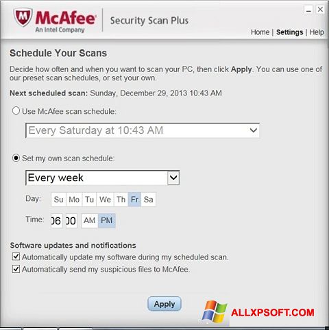 ภาพหน้าจอ McAfee Security Scan Plus สำหรับ Windows XP