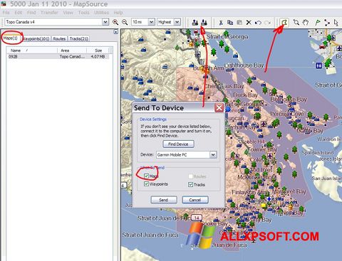 ภาพหน้าจอ MapSource สำหรับ Windows XP
