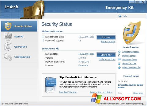 ภาพหน้าจอ Emsisoft Emergency Kit สำหรับ Windows XP