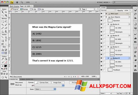 ภาพหน้าจอ Adobe Fireworks สำหรับ Windows XP