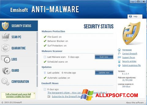 ภาพหน้าจอ Emsisoft Anti-Malware สำหรับ Windows XP