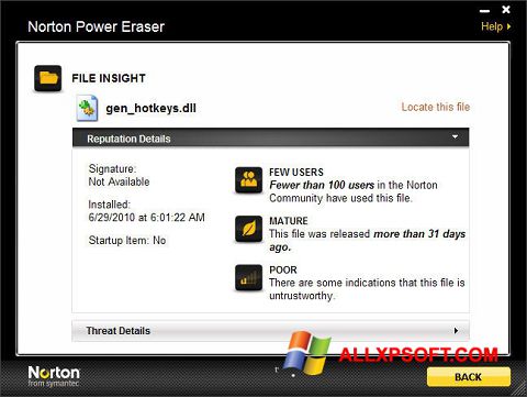 ภาพหน้าจอ Norton Power Eraser สำหรับ Windows XP