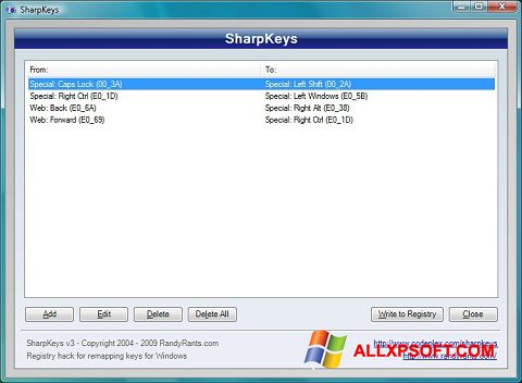 ภาพหน้าจอ SharpKeys สำหรับ Windows XP