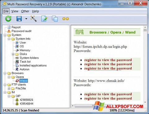 ภาพหน้าจอ Multi Password Recovery สำหรับ Windows XP