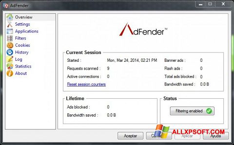 ภาพหน้าจอ AdFender สำหรับ Windows XP