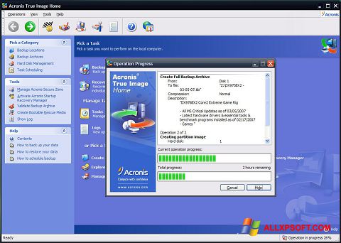 ภาพหน้าจอ Acronis True Image สำหรับ Windows XP