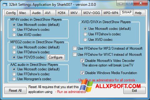 ภาพหน้าจอ ADVANCED Codecs สำหรับ Windows XP