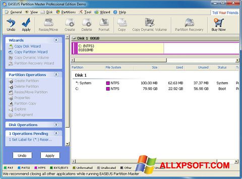 ภาพหน้าจอ EASEUS Partition Master สำหรับ Windows XP