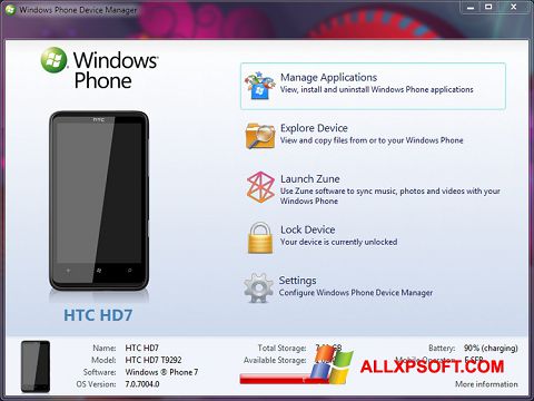 ภาพหน้าจอ Windows Phone Device Manager สำหรับ Windows XP