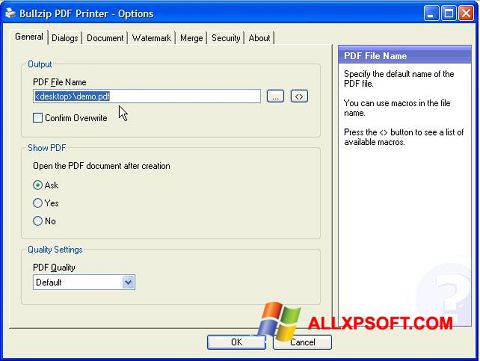 ภาพหน้าจอ BullZip PDF Printer สำหรับ Windows XP