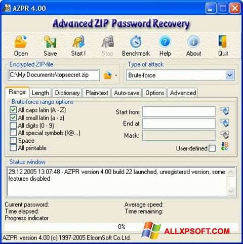 ภาพหน้าจอ Advanced Archive Password Recovery สำหรับ Windows XP