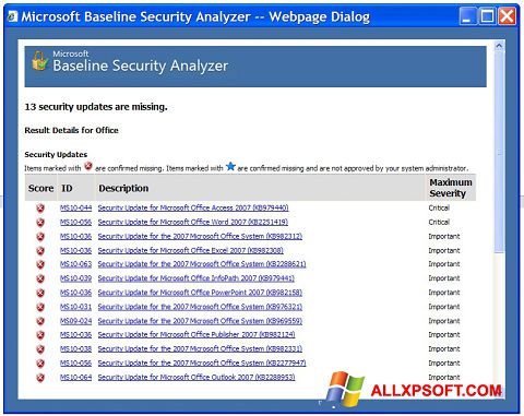 ภาพหน้าจอ Microsoft Baseline Security Analyzer สำหรับ Windows XP