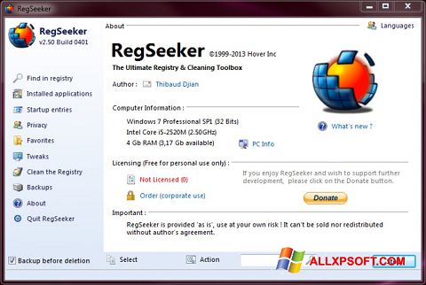 ภาพหน้าจอ RegSeeker สำหรับ Windows XP