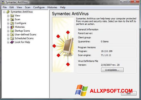 ภาพหน้าจอ Symantec Antivirus สำหรับ Windows XP