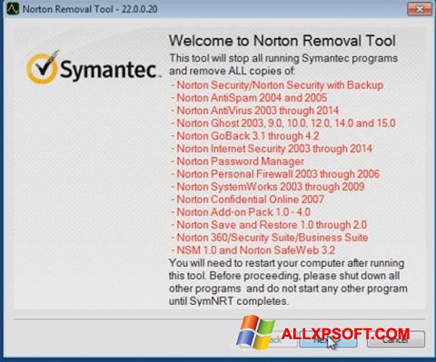 ภาพหน้าจอ Norton Removal Tool สำหรับ Windows XP