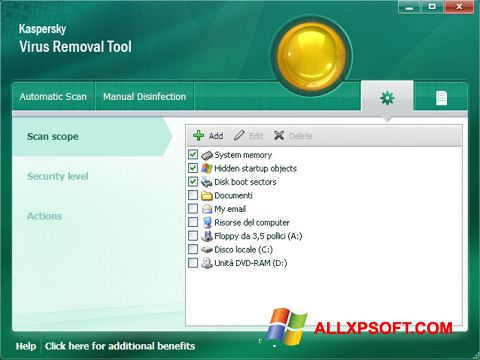 ภาพหน้าจอ Kaspersky Virus Removal Tool สำหรับ Windows XP