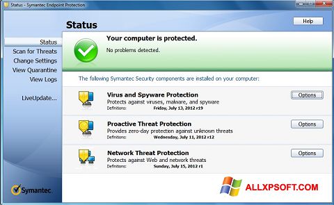 ภาพหน้าจอ Symantec Endpoint Protection สำหรับ Windows XP
