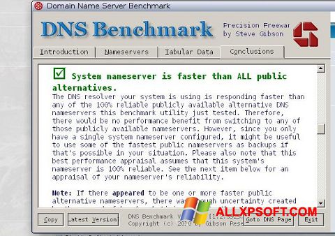 ภาพหน้าจอ DNS Benchmark สำหรับ Windows XP
