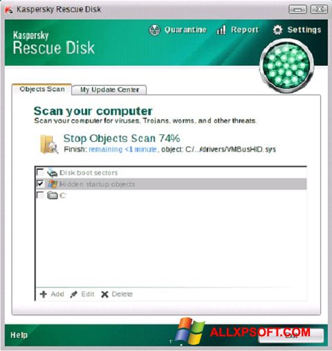 ภาพหน้าจอ Kaspersky Rescue Disk สำหรับ Windows XP