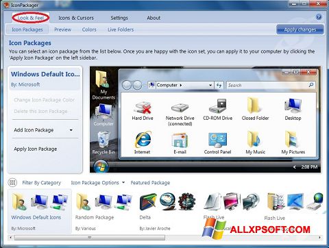 ภาพหน้าจอ IconPackager สำหรับ Windows XP