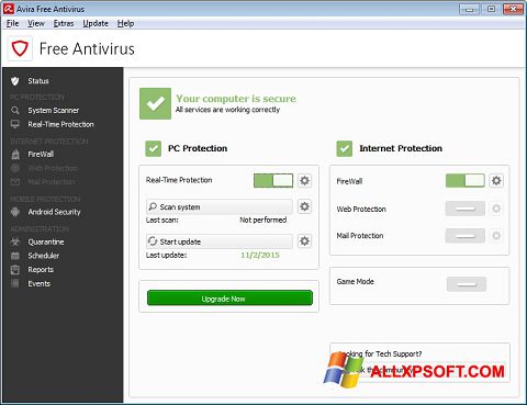 ภาพหน้าจอ Avira Free Antivirus สำหรับ Windows XP