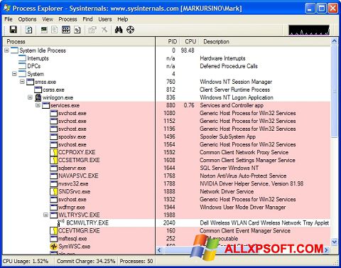 ภาพหน้าจอ Process Explorer สำหรับ Windows XP