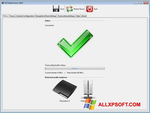 ภาพหน้าจอ PS3 Media Server สำหรับ Windows XP