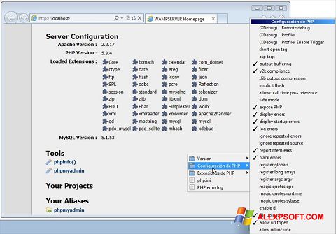 ภาพหน้าจอ WampServer สำหรับ Windows XP