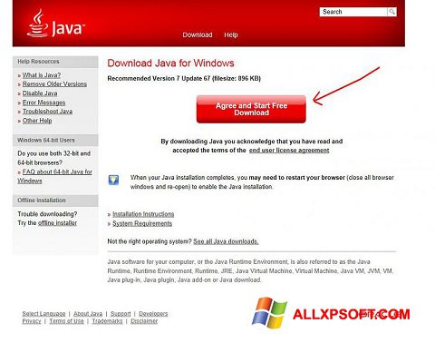 ภาพหน้าจอ Java สำหรับ Windows XP