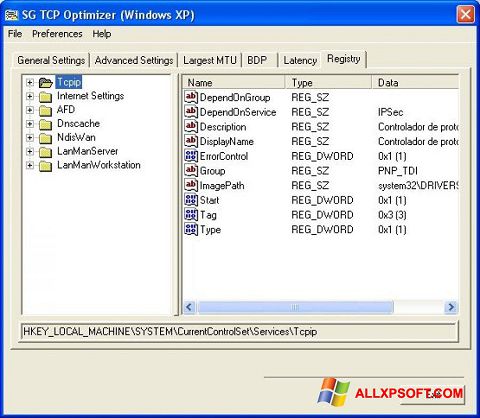 ภาพหน้าจอ TCP Optimizer สำหรับ Windows XP